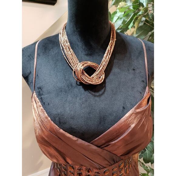 Roulette Women Brown Belted Spaghetti Straps Surplice Neck Knee Length Dress 12 - Picture 2 of 14